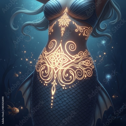 A mystical mermaid with glowing golden patterns adorning her torso, swimming in a dark, enchanting underwater realm.