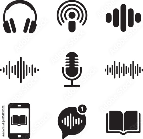 Audio sound, podcast microphone, music wave, headphone listening, voice recording, audiobook learning, digital radio icon