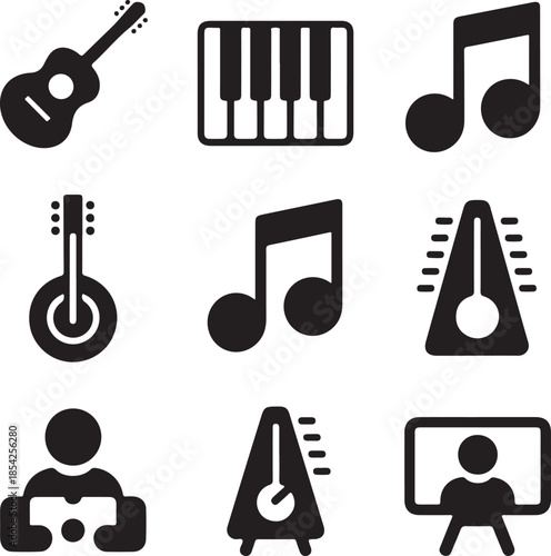 Musical instrument, guitar acoustic, piano keys, music note, metronome tempo, banjo strings, melody sound