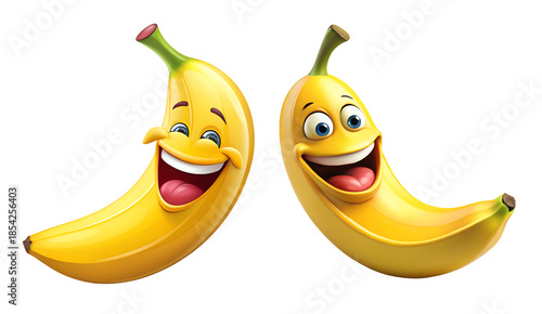 Two cheerful cartoon bananas isolated on transparent background