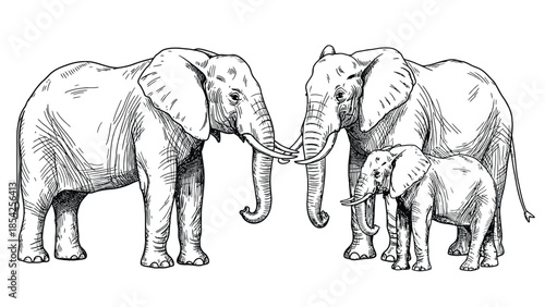 Elephant Family Together: Two Adults and Their Calf in a Calm Outdoor Natural Scene Setting