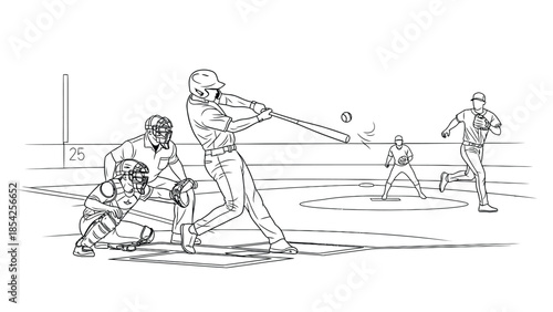 Baseball Scene: Batter Swinging at Pitch, Catcher and Infielders Behind, Intense Game Action