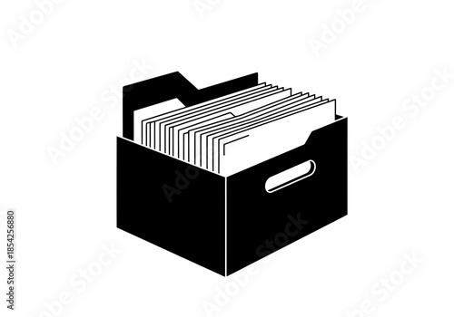 Black and white icon of a file storage box filled with lots of  hanging file folders simple flat graphic illustration