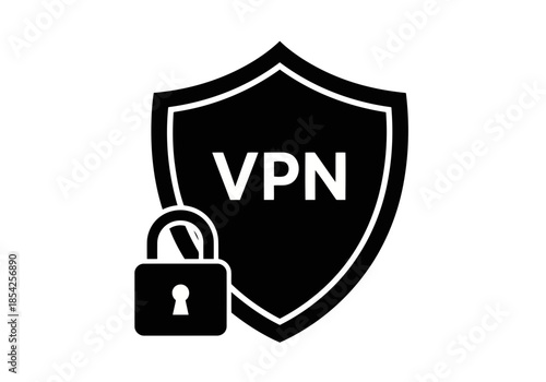 Vpn security shield icon with padlock virtual private network concept data protection and privacy symbol simple black and white graphic