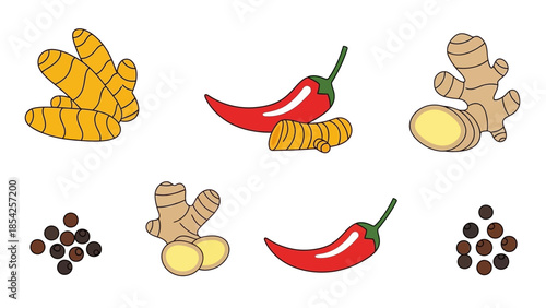 Illustrative Spice Assortment Chili Peppers, Ginger, Turmeric, and Black Peppercorns for Culinary Use
