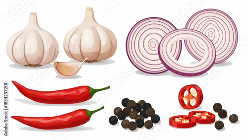 Fresh ingredients for cooking Garlic, onion, red pepper, and peppercorns isolated on white