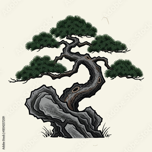 Bonsai tree with twisted trunk branches.