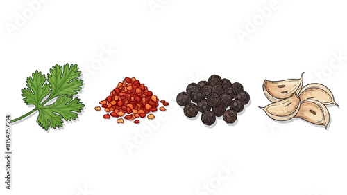 Fresh Ingredients Coriander, Chili Flakes, Black Peppercorns, and Garlic for Flavorful Cooking