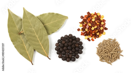 Culinary Spice Assortment Aromatic Bay Leaves, Peppercorns, Chili Flakes, and Cumin Seeds