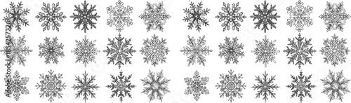 Collection of unique black and white snowflakes on white background