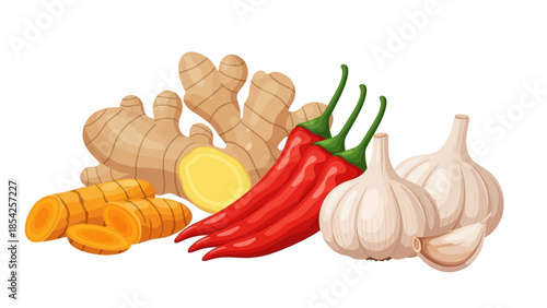 Fresh, Colorful Spices Ginger, Turmeric, Garlic, and Chili Peppers for Cooking and Flavor