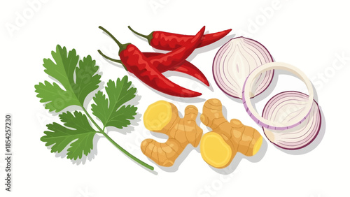 Fresh culinary ingredients illustration featuring chili peppers, cilantro, ginger, and onion rings