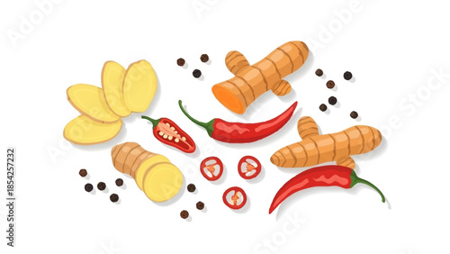Fresh Spices Ginger, Turmeric, Chili Peppers, and Black Peppercorns Isolated on White Background