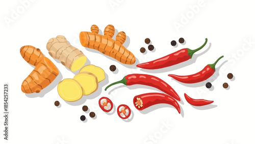 Vibrant Spice Assortment Chili Peppers, Turmeric, Ginger, and Black Peppercorns for Culinary Delights