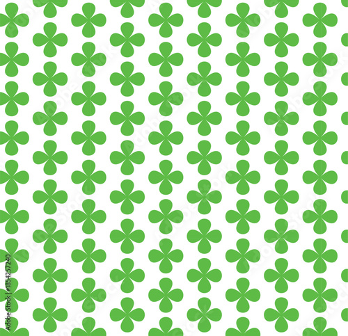 Vibrant green four-leaf clover pattern on a white background creating a lively, cheerful mood. Ideal for festive decor, greeting cards, crafts, textiles, wallpaper,