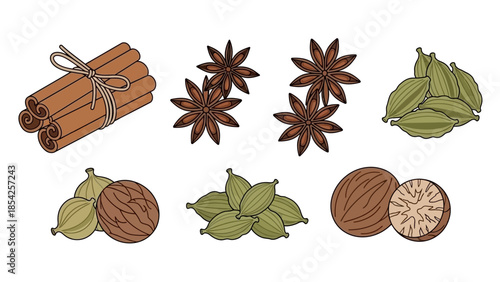 Assortment of aromatic spices cinnamon sticks, star anise, cardamom, nutmeg, and cloves, ideal for culinary use