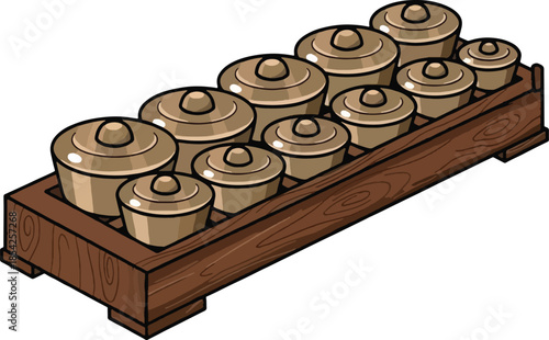 Brown wooden spice box containers.
