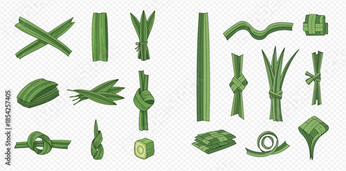 Pandan leaves set in various shapes and forms for cooking and decoration.