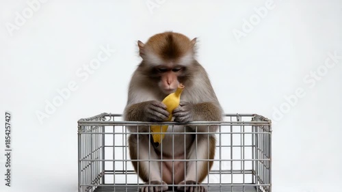 Rhesus macaque holding banana in metal basket