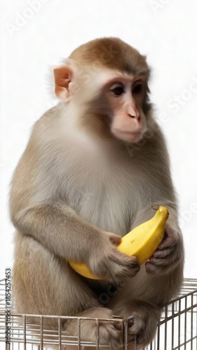 Rhesus macaque holding banana on wire basket with white background