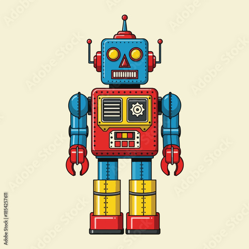 Vintage toy robot with red and blue.