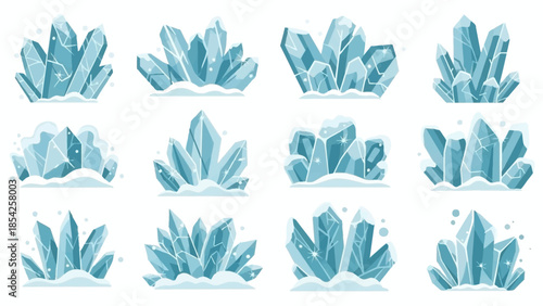 Collection of Blue Crystals Illustrations of Various Crystal Formations and Snowflakes