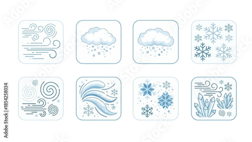 Set of weather icons wind, cloud, snow, and ice crystals. Weather forecast elements in a flat style