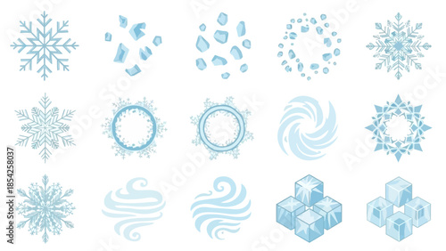 Snowflake and Ice Element Vector Illustration Set in a Variety of Styles and Designs
