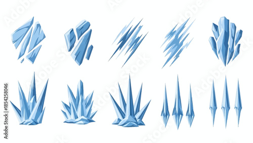 Cartoon ice crystal set various shapes of frozen water and glacial formations