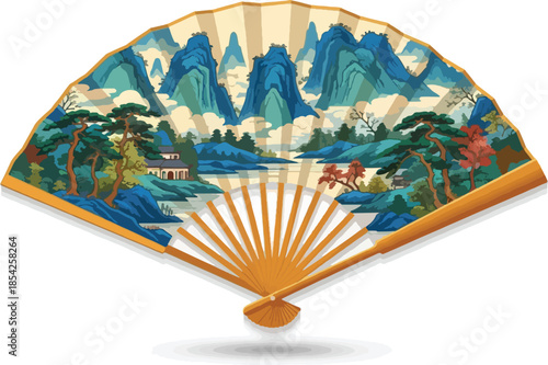 Hand fan with colorful mountain design.