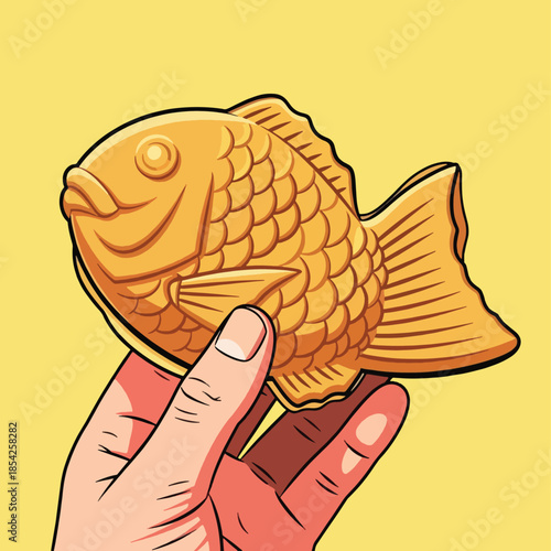 Hand holding a fish shaped cake.