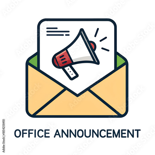 Office announcement icon with megaphone and envelope isolated on transparent background