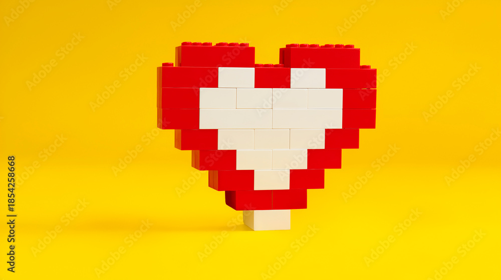 Obraz premium Large heart built with toy blocks on a vibrant yellow background. Concept of building a strong relationship or love