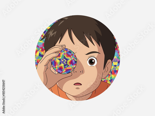 Young Boy Holding Kaleidoscope to Eye.