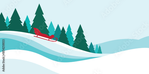 Classic red wooden sled sliding down a snowy hill in a winter forest with pine trees, outdoor seasonal activity landscape vector
