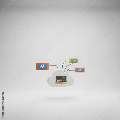 Minimal 3D Cloud Computing Concept with Floating Function Blocks, Serverless Architecture Illustration, White Gradient Background