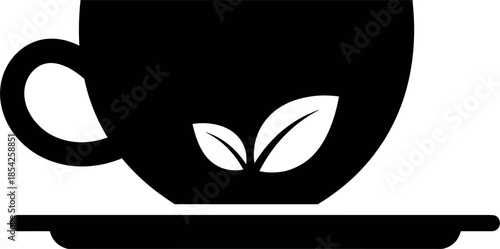 Black Silhouette Vector Icon of a Tea Cup on a Saucer with Two Tea Leaves Decoration