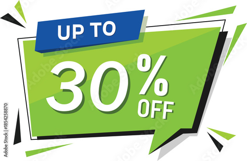 Eye catching retail offer banner with up to 30 percent off savings, modern graphic element for business clearance and promotions