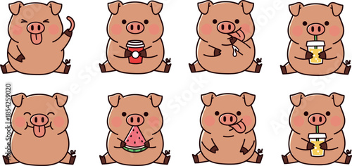 Kawaii Cartoon Pig Character Set with Various Expressions Drinking Coffee and Eating Watermelon