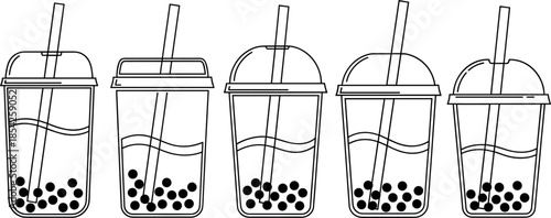 Minimalist Black Line Art Icons of Bubble Tea Cups with Straws and Tapioca Pearls