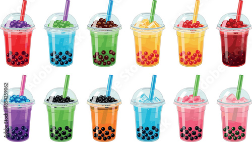 Large Vector Set of Colorful Bubble Tea and Fruit Smoothies with Tapioca Pearls and Straws