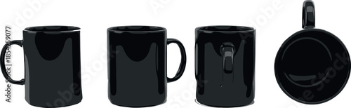 Set of Black Glossy Coffee Mugs from Different Angles Including Top and Side Views