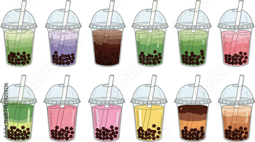 Vector Illustration Set of 12 Assorted Bubble Tea Flavors with Tapioca Pearls and Straws