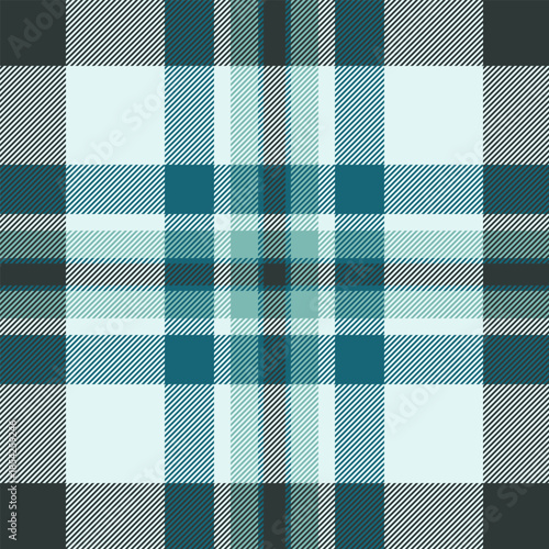 Classic plaid pattern with intersecting teal  light blue stripes. Versatile for backgrounds, textiles, and vintage designs. Evokes tradition  cozy style.