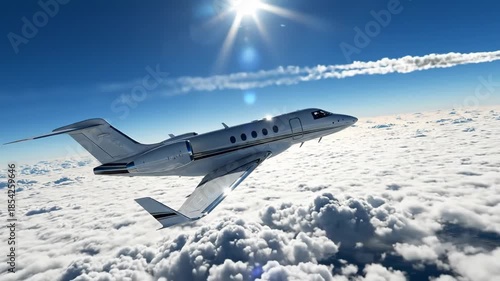 Luxury Private Jet Flying Above the Clouds on a Sunny Day.