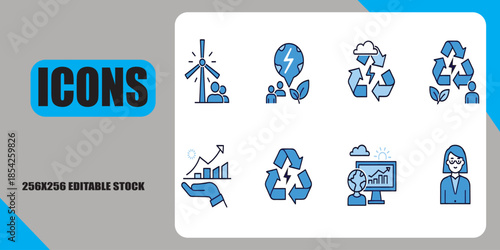 Eco-friendly energy and recycling icons with business and finance elements