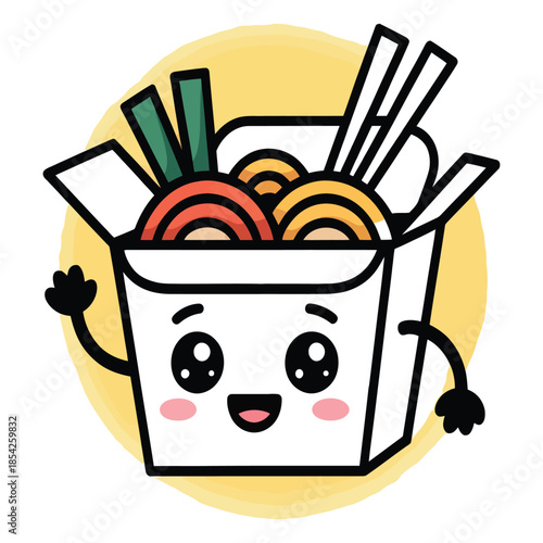 A cute cartoon takeout box with a happy smiling face and big eyes, filled with colorful noodles, green onions, and chopsticks, set against a soft yellow circle background
