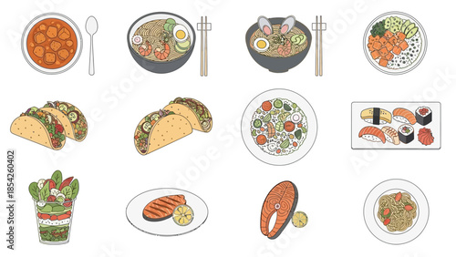 Delicious Food Icons A Colorful Array of Culinary Delights for Various Dishes and Meals