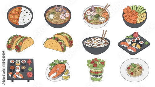 Delicious and Diverse Food Collection Bowls, Tacos, Sushi, and More - A Culinary Journey