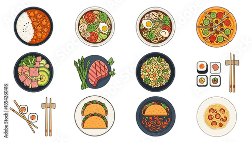 Diverse Culinary Delights A Colorful Array of Global Dishes, Featuring Pizza, Sushi, and More!